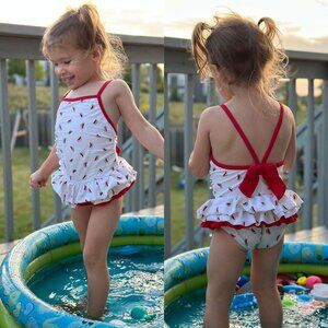 Janie + Jack | White and Red Watermelon Swimsuit | Size 12-18 Months